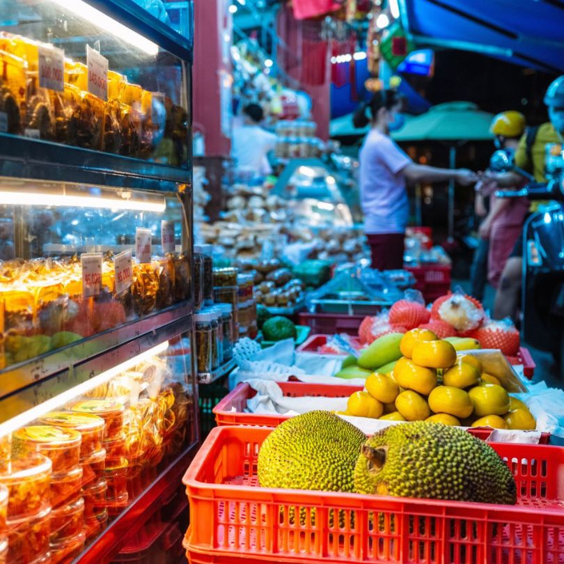 Food stalls at the Night markets in Ho Chi Minh Vietnam 
