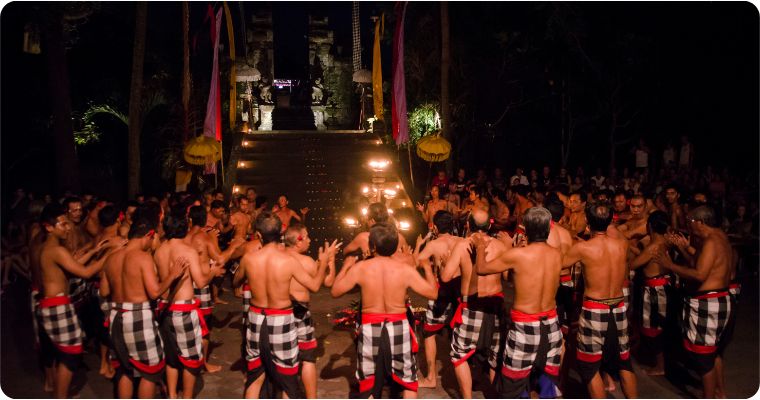 Traditional Kecak fire dance also know as the Ramayana Monkey chant 