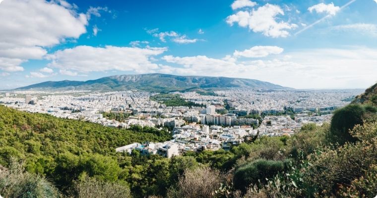 View of Mount Hymettus behind Athens Greece 